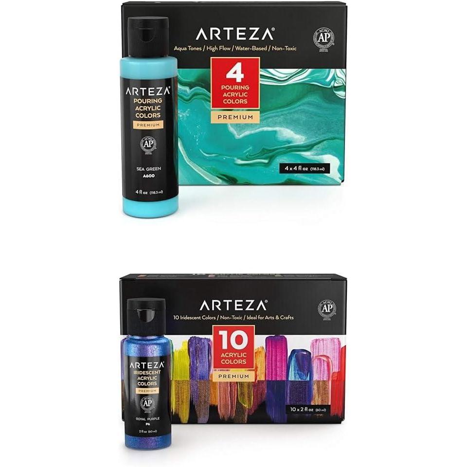 ARTEZA Acrylic Pouring Paint, Set of 4 Colors and Iridescent Acrylic Paint Set of 10 Chameleon Colors