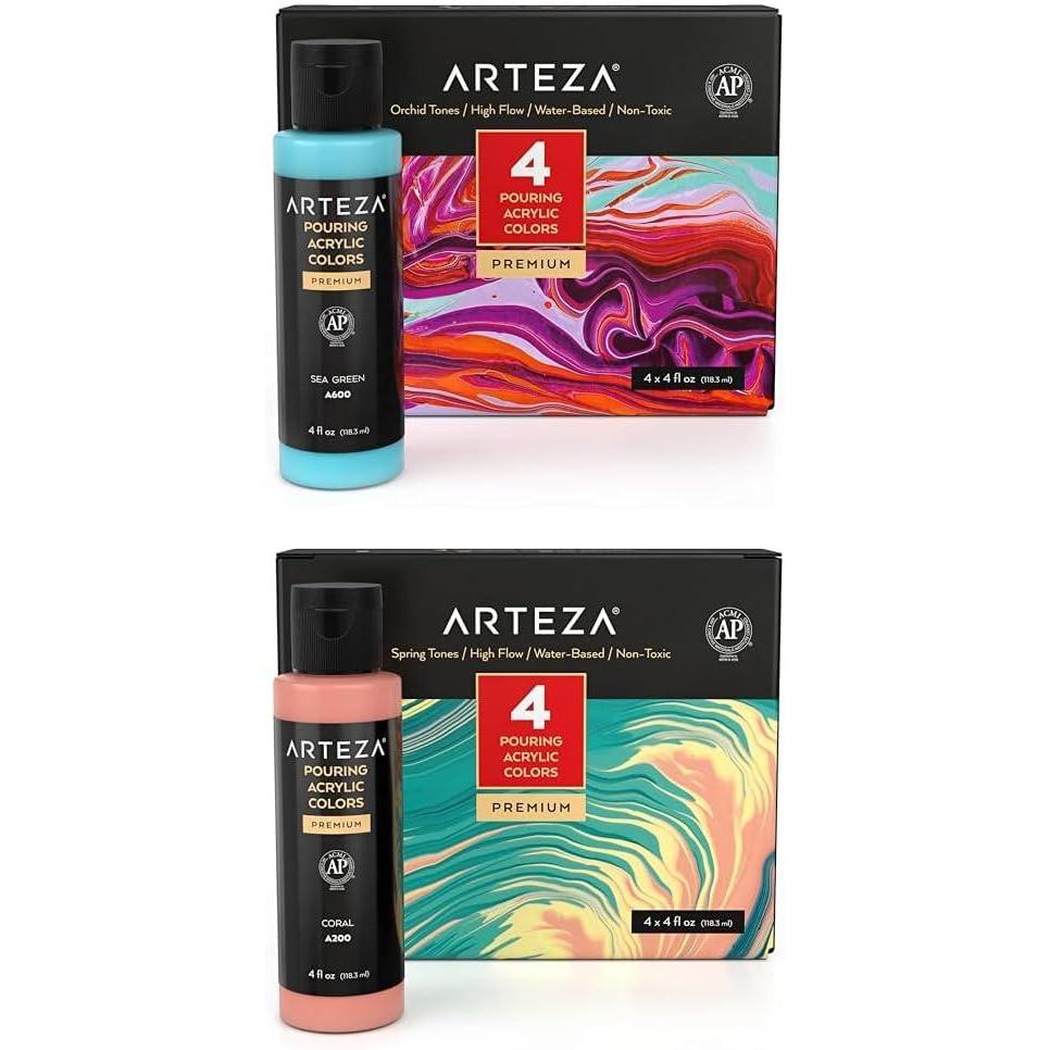 ARTEZA Acrylic Pouring Paint Set, 4 Orchid Colors and Acrylic Pouring Paint Set 4 Spring Colors
