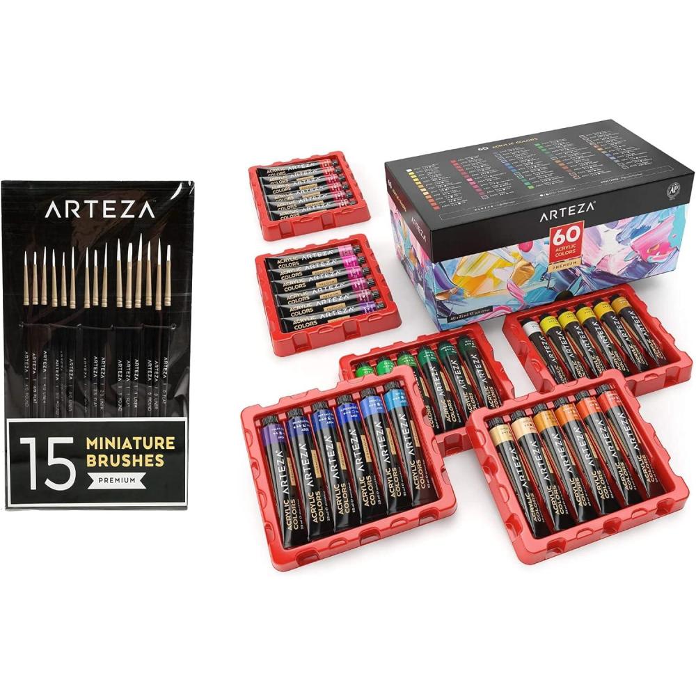 Arteza Acrylic Paint Set and Detail Paint Brushes, Painting Art Supplies for Artist, Hobby Painters & Beginners