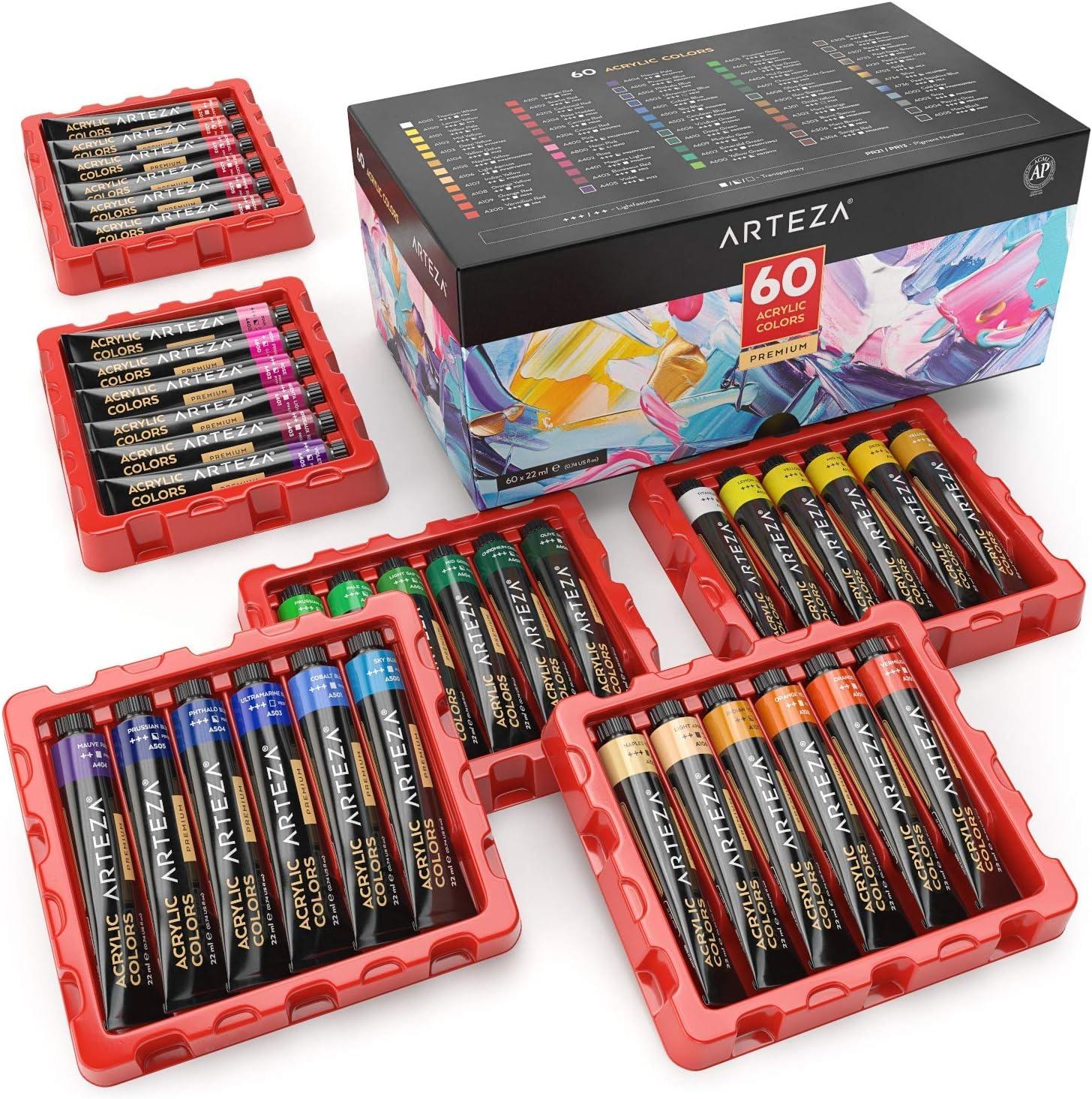 Arteza Acrylic Paint Set and Detail Paint Brushes, Painting Art Supplies for Artist, Hobby Painters & Beginners