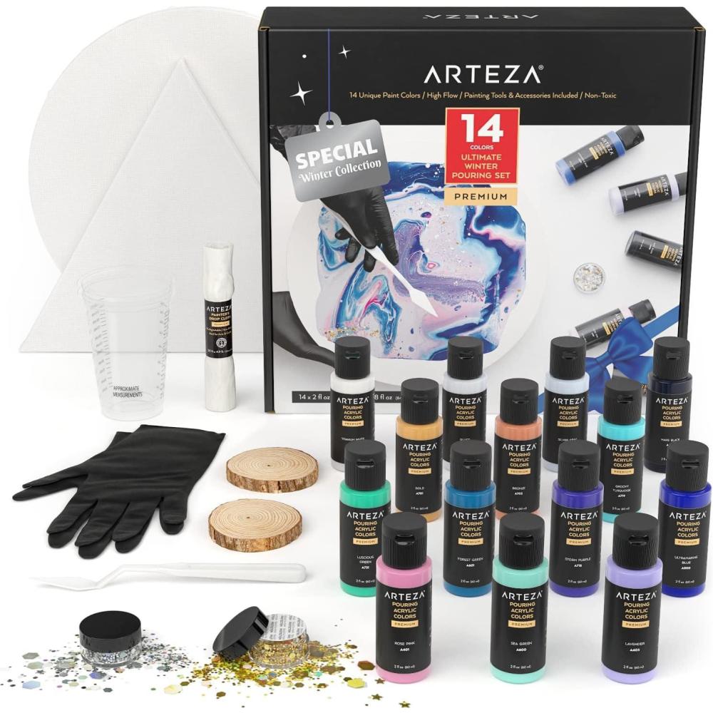 ARTEZA Acrylic Pouring Kit – 14 High-Flow Paints, 2 Stretched Canvases, 2 Wooden Slices, Glitter, Palette Knives & Craft Tools for Acrylic Pouring Projects