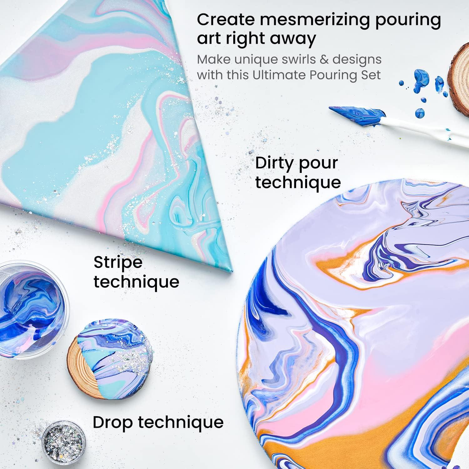 ARTEZA Acrylic Pouring Kit – 14 High-Flow Paints, 2 Stretched Canvases, 2 Wooden Slices, Glitter, Palette Knives & Craft Tools for Acrylic Pouring Projects