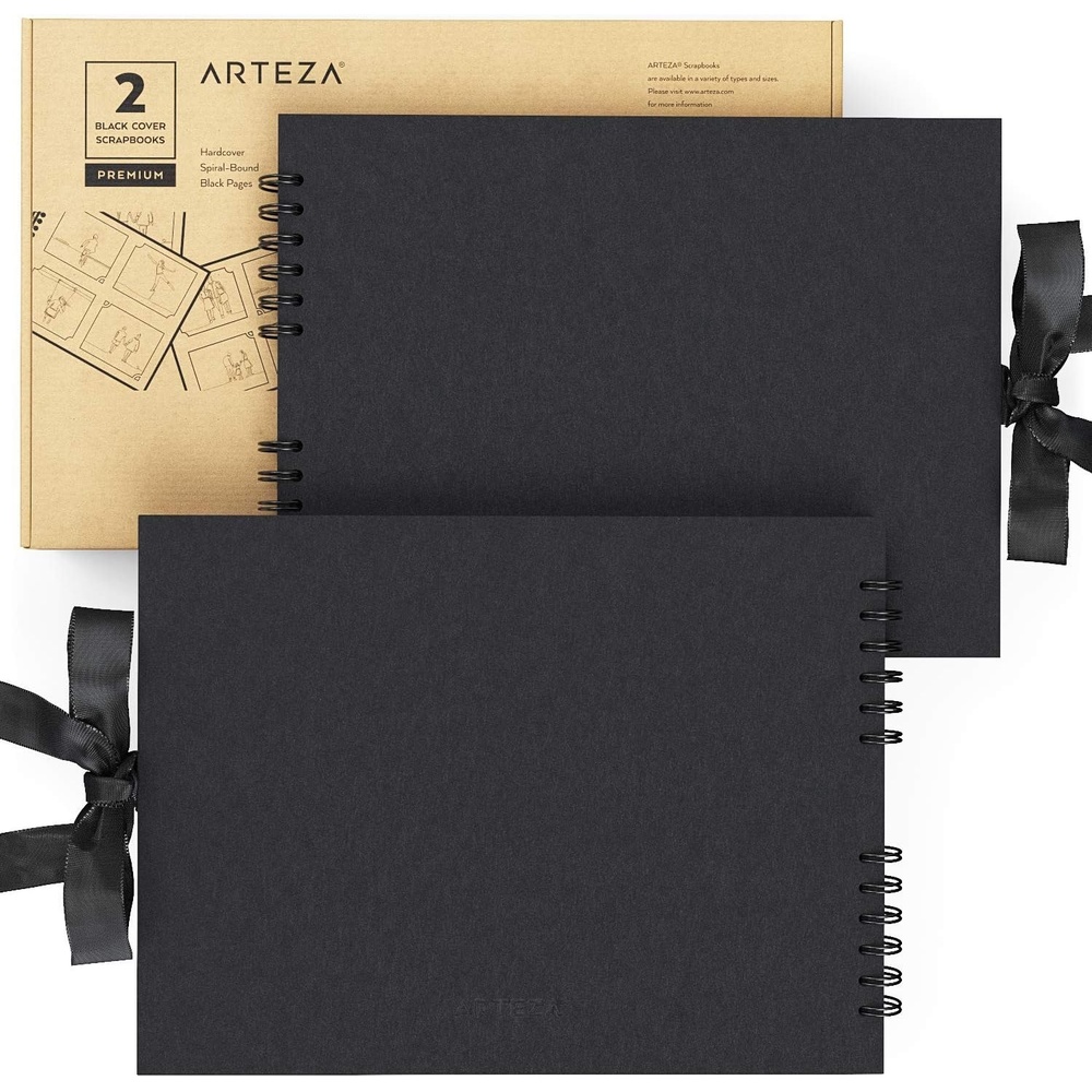 Arteza Blank Scrapbook Set, Black Cover, Spiral Bound, 8.5×11 inches, 2-Pack, 40 Black Pages, 250 gsm, for DIY Crafts, Guest Books, Travelling, Birthday & Holiday Gifts
