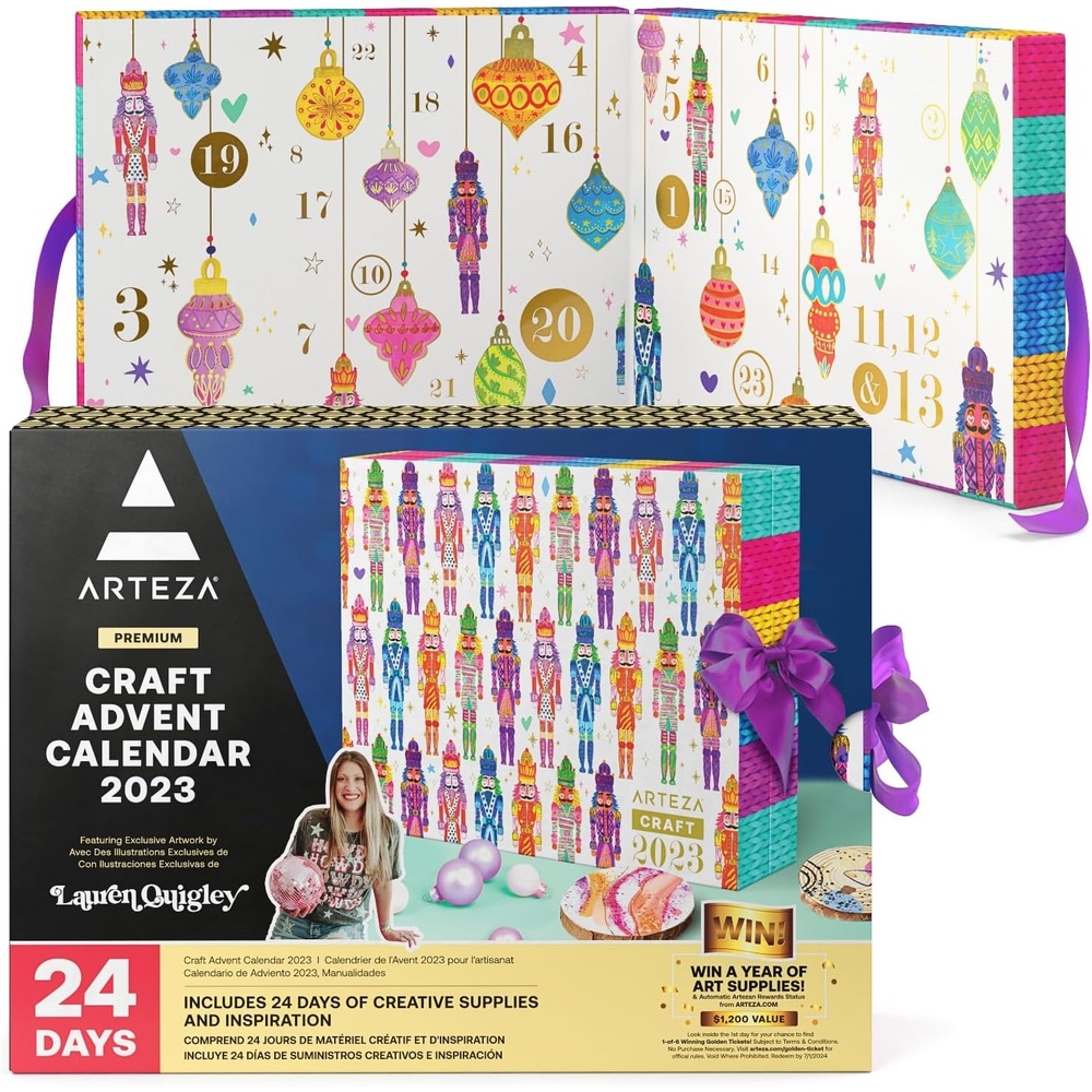 Arteza Advent Calendar2023 (24 Days) Art & Craft Supplies Holiday Gift for Adults, Includes Polymer Clay, Mica Powder, Felt Sheets, Wood Slices & Panels, Acrylic Yarn, Epoxy Resin & Glue