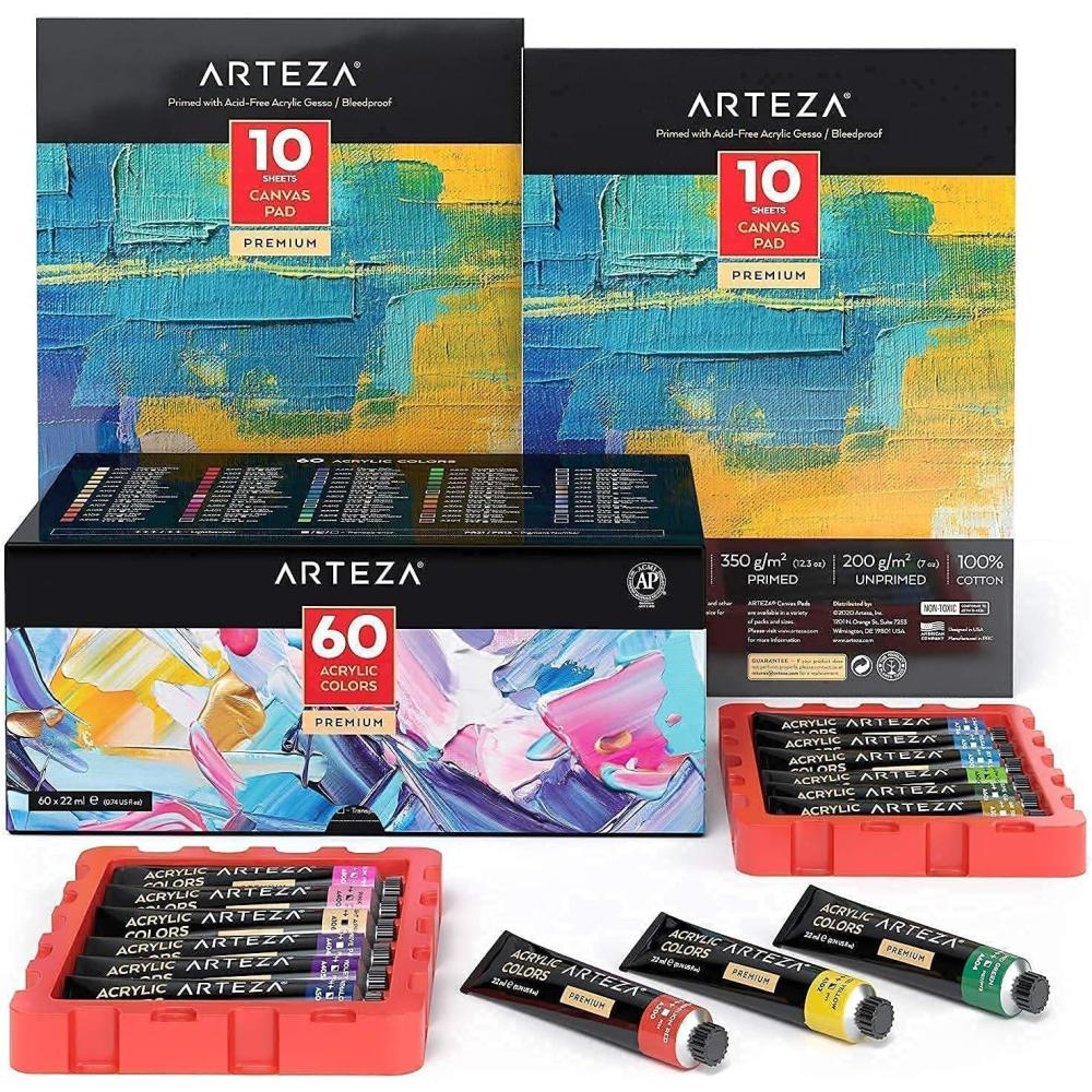 ARTEZA Acrylic Paint and Canvas Pads Bundle, Painting Art Supplies for Artist, Hobby Painters & Beginners
