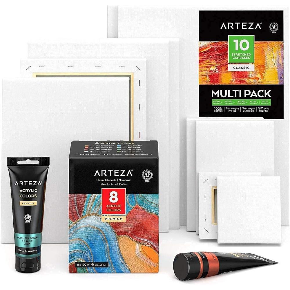 ARTEZA Classic Metallic Acrylic and Canvas Bundle, Painting Art Supplies for Artist, Hobby Painters & Beginners