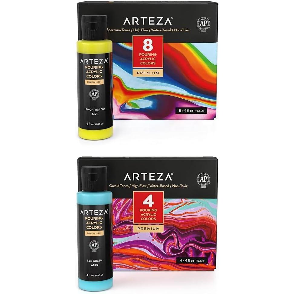 ARTEZA Acrylic Pouring Paint Set, 8 Rainbow Colors and Acrylic Pouring Paint Set 4 Orchid Colors
