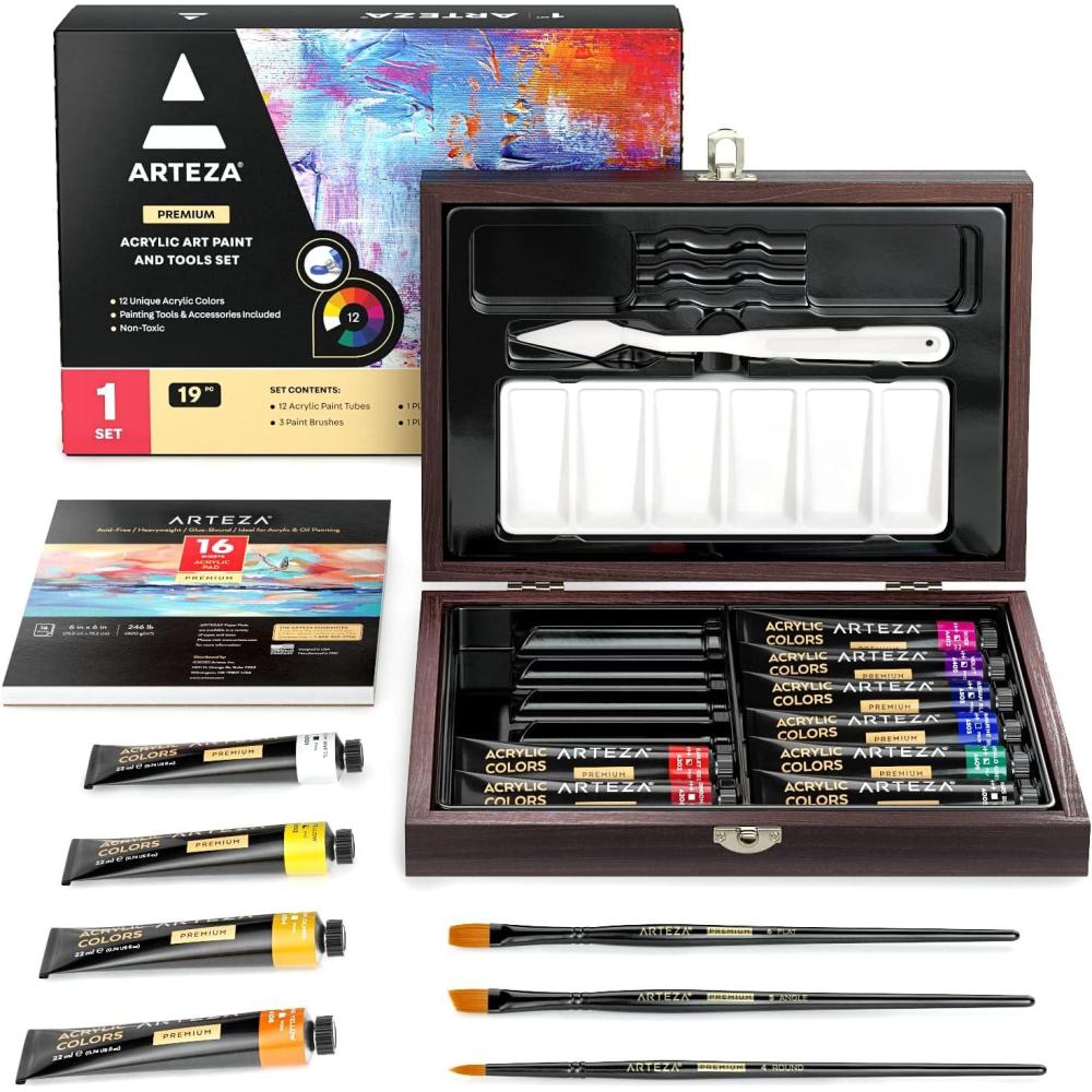 Arteza Acrylic Art Set, Includes Tabletop Easel, 12 Acrylic Paint Tubes, Palette Paper, 10 Paintbrushes, Canvas Pads & Canvas Panels, Art Supplies for Beginners and Professional Artists(19-Piece Art Set)