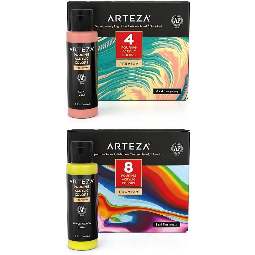 ARTEZA Acrylic Pouring Paint Set, 4 Spring Colors and Acrylic Pouring Paint Set 8 Rainbow Colors