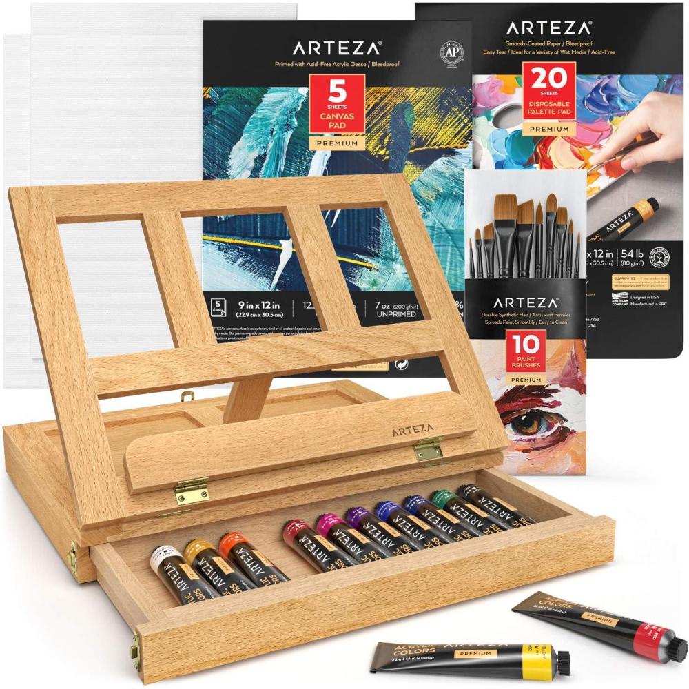 Arteza Acrylic Art Set, Includes Tabletop Easel, 12 Acrylic Paint Tubes, Palette Paper, 10 Paintbrushes, Canvas Pads & Canvas Panels, Art Supplies for Beginners and Professional Artists(Art Set with Easel)
