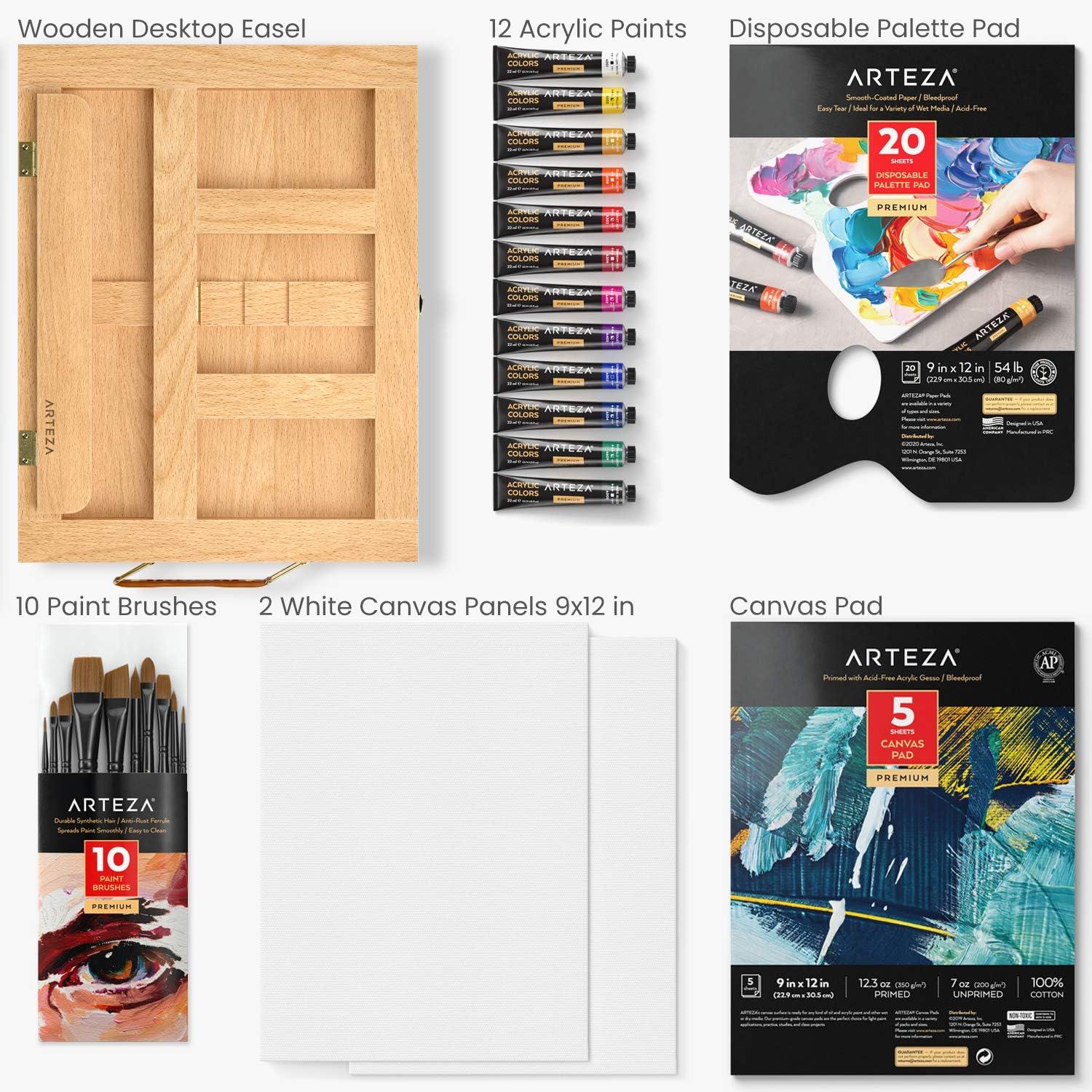 Arteza Acrylic Art Set, Includes Tabletop Easel, 12 Acrylic Paint Tubes, Palette Paper, 10 Paintbrushes, Canvas Pads & Canvas Panels, Art Supplies for Beginners and Professional Artists(Art Set with Easel)