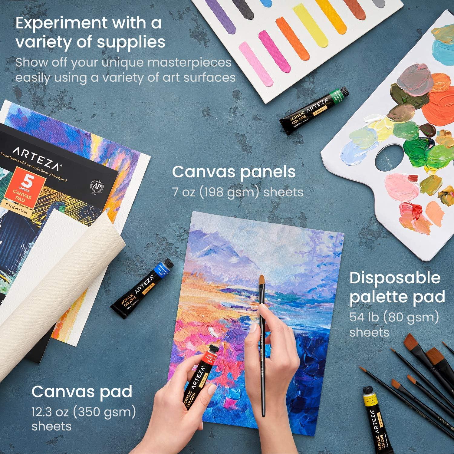 Arteza Acrylic Art Set, Includes Tabletop Easel, 12 Acrylic Paint Tubes, Palette Paper, 10 Paintbrushes, Canvas Pads & Canvas Panels, Art Supplies for Beginners and Professional Artists(Art Set with Easel)