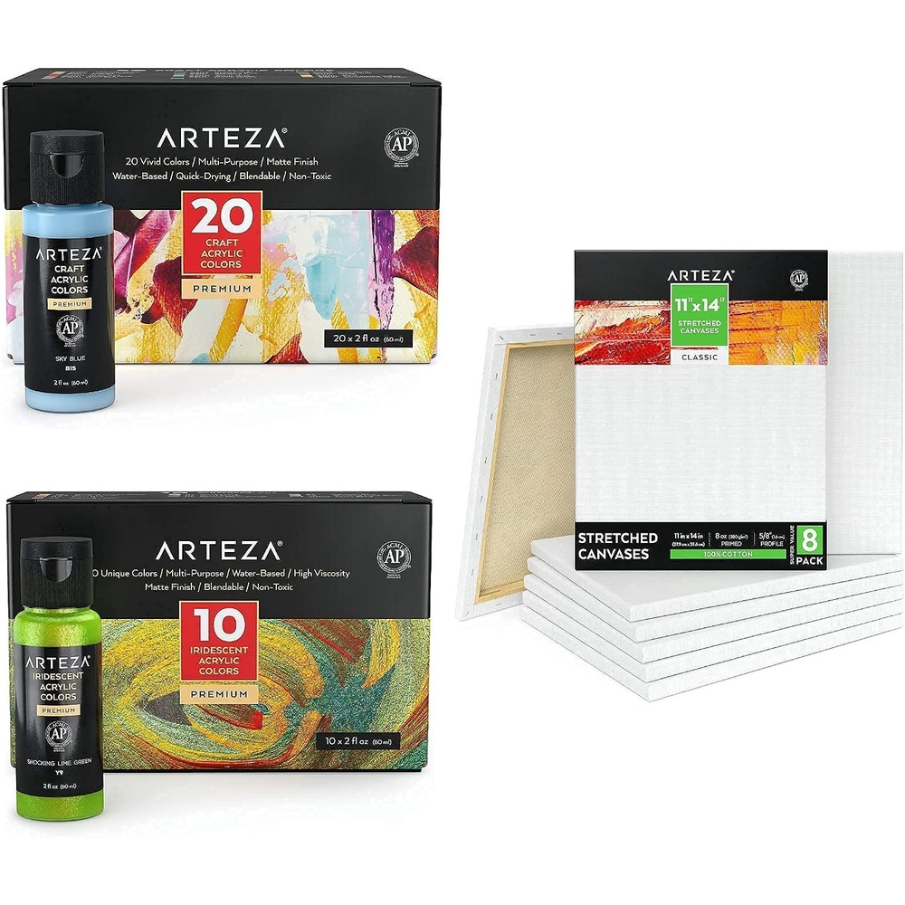 Arteza Acrylic Iridescent Paint Pack of 10 and Craft Acrylic Paint Set of 20 with Stretched Canvases 11×14 Pack of 8 Bundle, Painting Art Supplies for Artist, Hobby Painters & Beginners