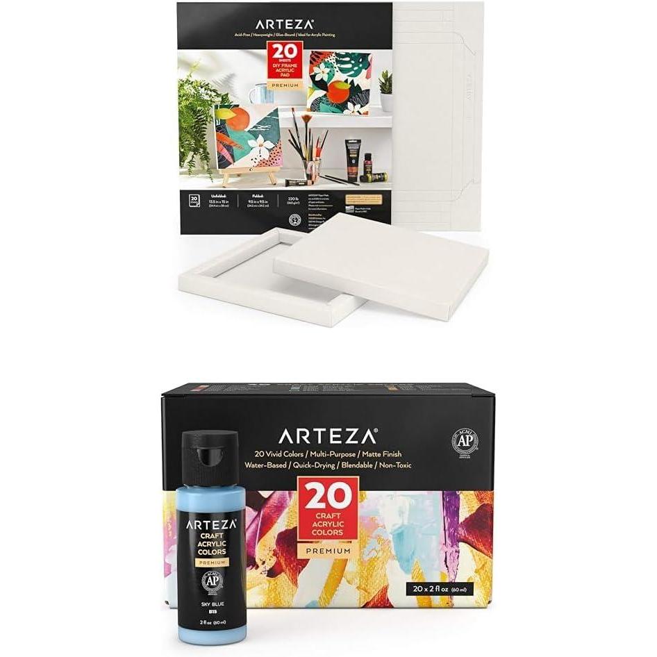 Arteza Acrylic Paper Foldable Canvas Pad, 9.5×9.5 Inches and Craft Acrylic Paint Set of 20 Colors