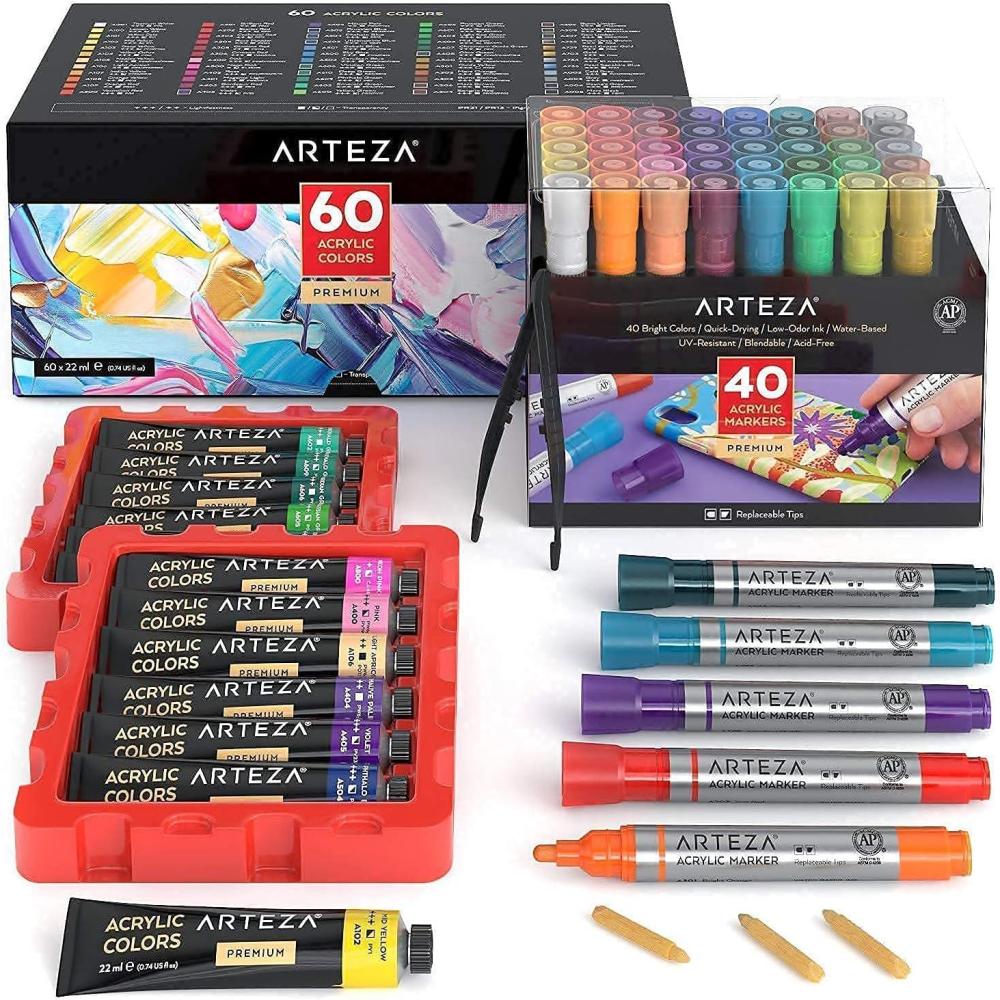 ARTEZA Acrylic markers and Paint Bundle, Painting Art Supplies for Artist, Hobby Painters & Beginners