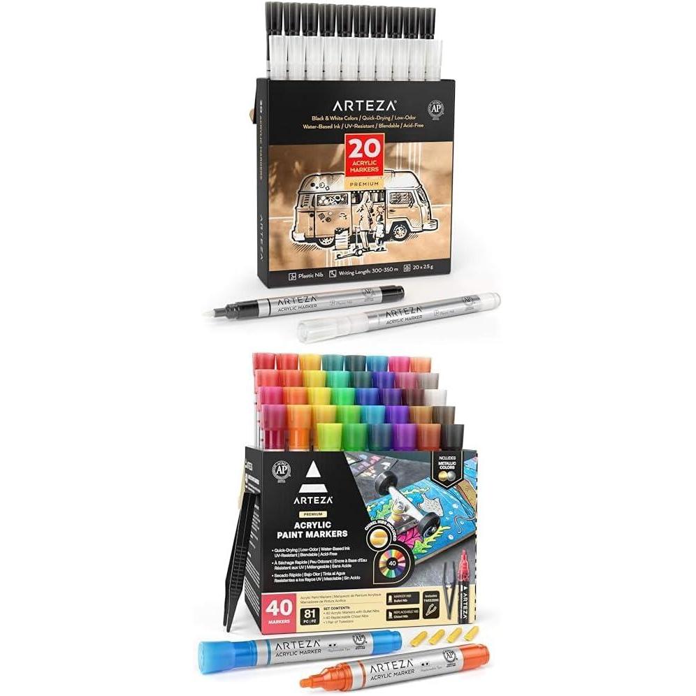 ARTEZA Acrylic Paint Markers, Pack of 20 and Acrylic Paint Markers Set of 40 Acrylic Paint Pens in Assorted Colors