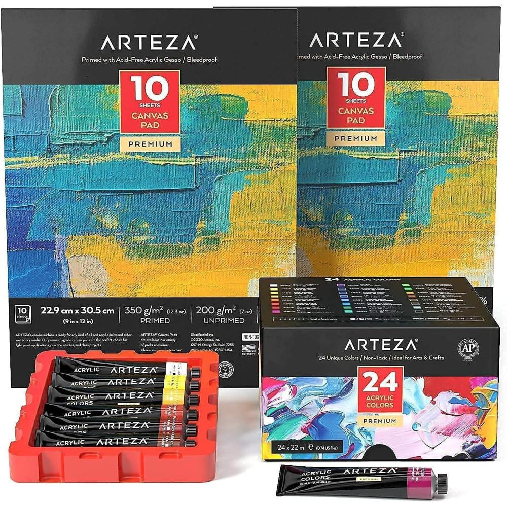 ARTEZA Acrylic Paints and Canvas Pad Pack Bundle, Painting Art Supplies for Artist, Hobby Painters & Beginners