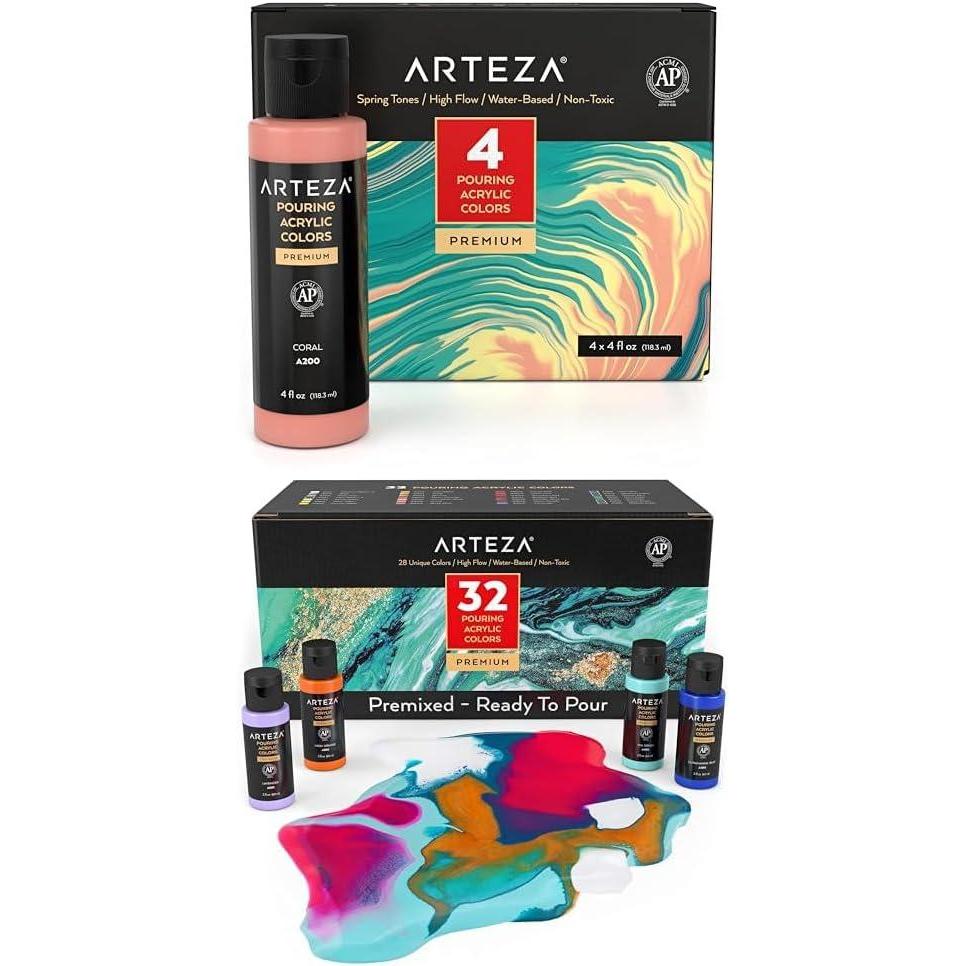 ARTEZA Acrylic Pouring Paint Set, 4 Spring Colors and Acrylic Pouring Paint Set of 32