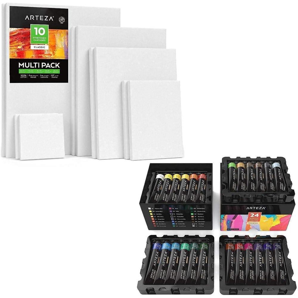 Arteza Acrylic Paint Set of 24 and Canvas Set of 10 Multipack Bundle, Painting Art Supplies for Artist, Hobby Painters & Beginners