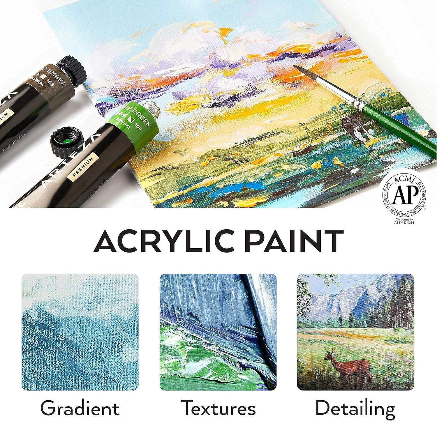 Arteza Acrylic Paint Set of 24 and Canvas Set of 10 Multipack Bundle, Painting Art Supplies for Artist, Hobby Painters & Beginners