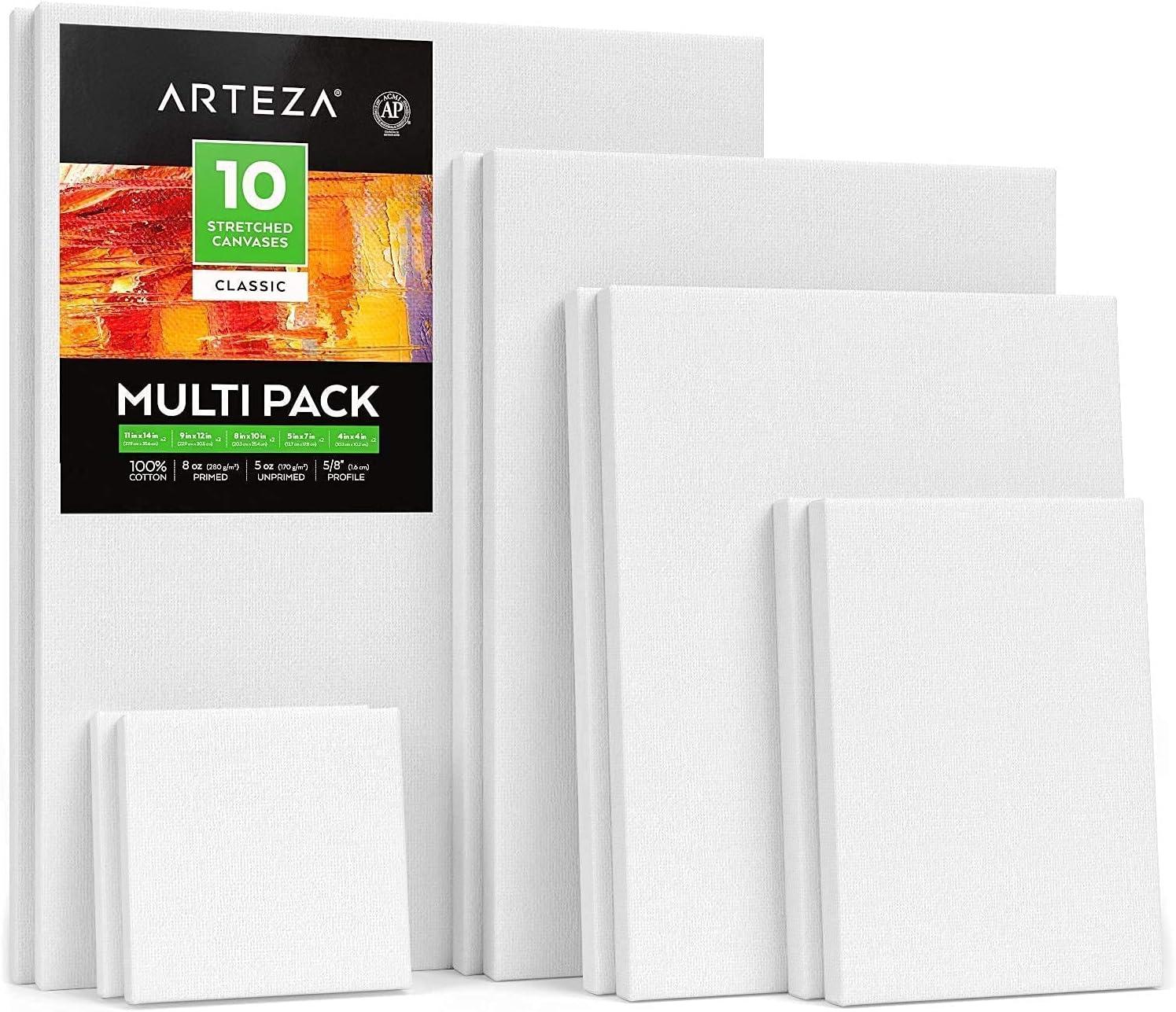 Arteza Acrylic Paint Set of 24 and Canvas Set of 10 Multipack Bundle, Painting Art Supplies for Artist, Hobby Painters & Beginners