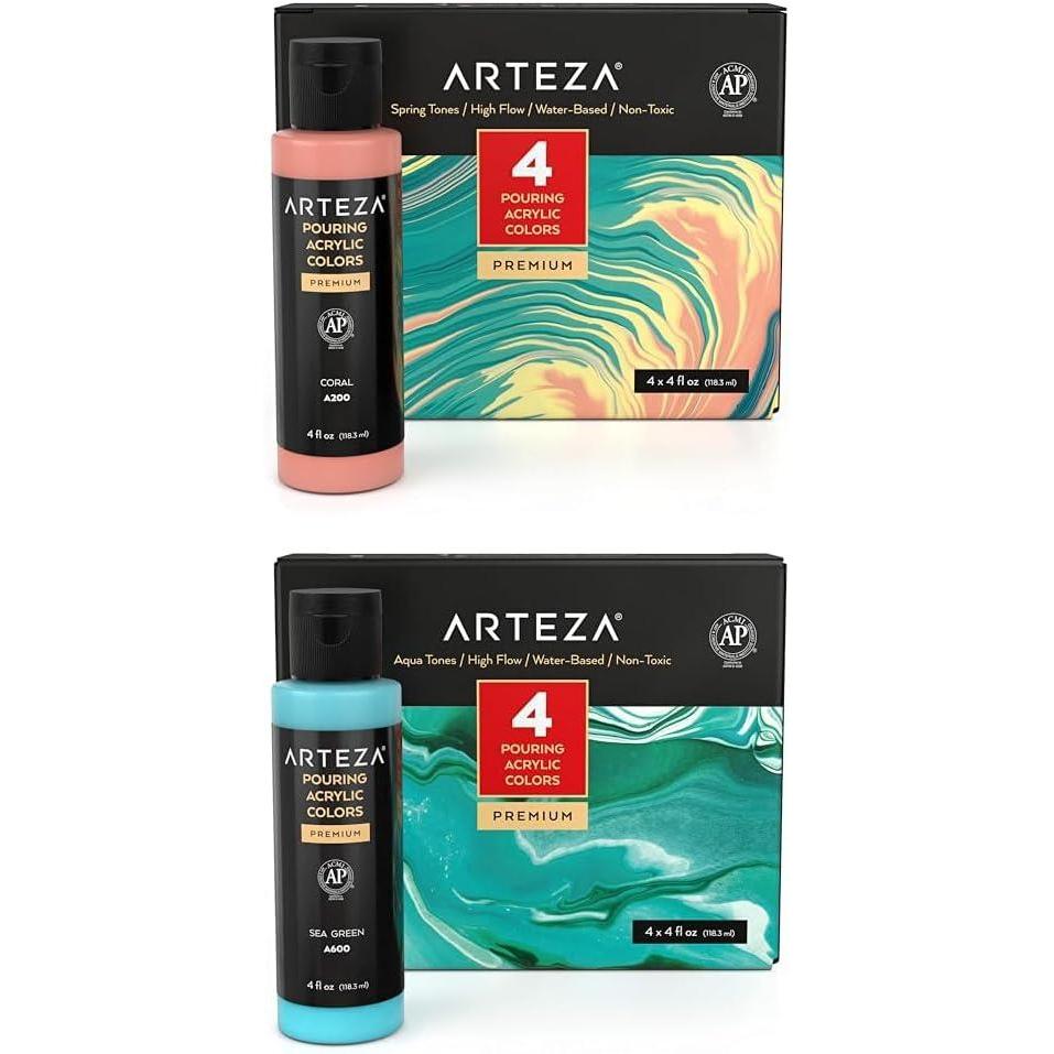 ARTEZA Acrylic Pouring Paint Set, 4 Spring Colors and Acrylic Pouring Paint Set of 4 Colors