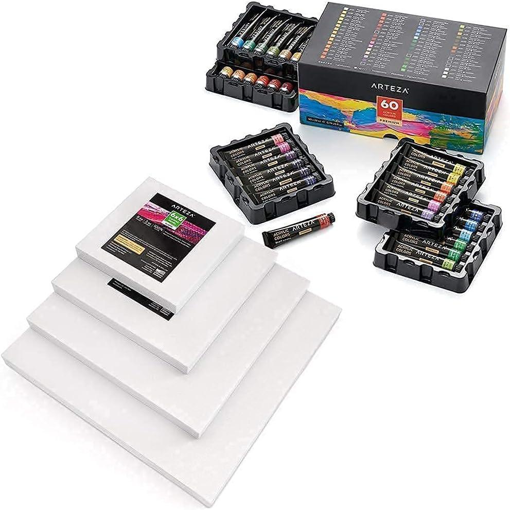 Arteza Acrylic Paint Set and Canvas Panels Multi Pack Bundle, Painting Art Supplies for Artist, Hobby Painters & Beginners