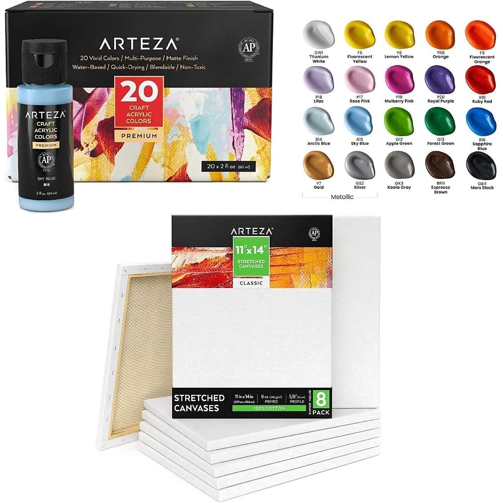 ARTEZA Acrylic Paint and Canvas Pack Bundle, Painting Art Supplies for Artist, Hobby Painters & Beginners