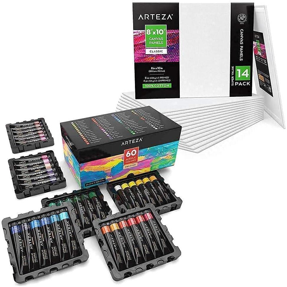 Arteza Acrylic Paint Set and Canvas Boards Bundle for Artist, Painting Art Supplies for Artist, Hobby Painters & Beginners