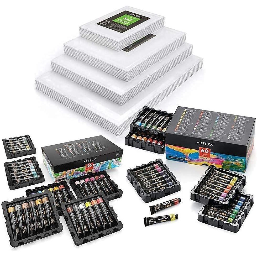 ARTEZA Acrylic, Metallic Acrylic Paint Set and Canvas Panels Multi Pack Bundle, Painting Art Supplies for Artist, Hobby Painters & Beginners
