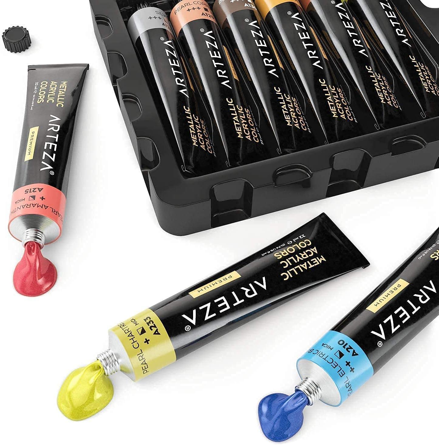 ARTEZA Acrylic, Metallic Acrylic Paint Set and Canvas Panels Multi Pack Bundle, Painting Art Supplies for Artist, Hobby Painters & Beginners