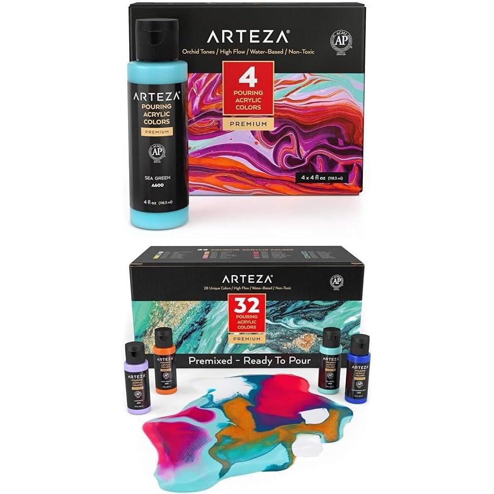 ARTEZA Acrylic Pouring Paint Set, 4 Orchid Colors and Acrylic Pouring Paint Set of 32