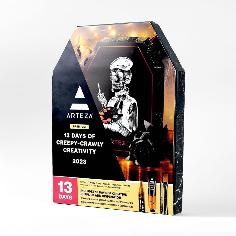 Arteza Advent Calendar 2023 (Fine Art, 12 Days) Art Supplies Holiday Gift for Adults, Includes Acrylic, Gouache & Watercolor Paints, Art Chrome Markers, Canvas Boards, Paint Brushes and Modeling Paste(13 Day Halloween)