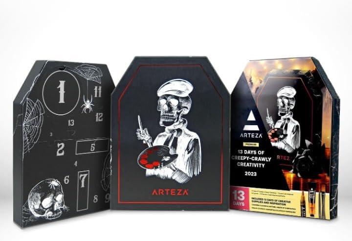 Arteza Advent Calendar 2023 (Fine Art, 12 Days) Art Supplies Holiday Gift for Adults, Includes Acrylic, Gouache & Watercolor Paints, Art Chrome Markers, Canvas Boards, Paint Brushes and Modeling Paste(13 Day Halloween)