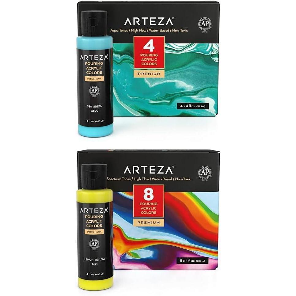 ARTEZA Acrylic Pouring Paint, Set of 4 Colors and Acrylic Pouring Paint Set 8 Rainbow Colors