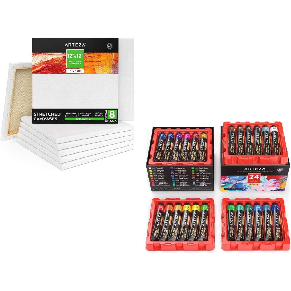 Arteza Acrylic Paint Set of 24 Colors and 12×12 Inch Stretched Canvas Classic Pack of 8, Painting Art Supplies for Artist, Hobby Painters & Beginners