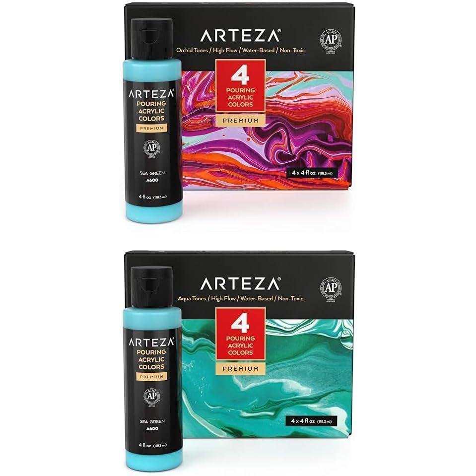 ARTEZA Acrylic Pouring Paint Set, 4 Orchid Colors and Acrylic Pouring Paint Set of 4 Colors