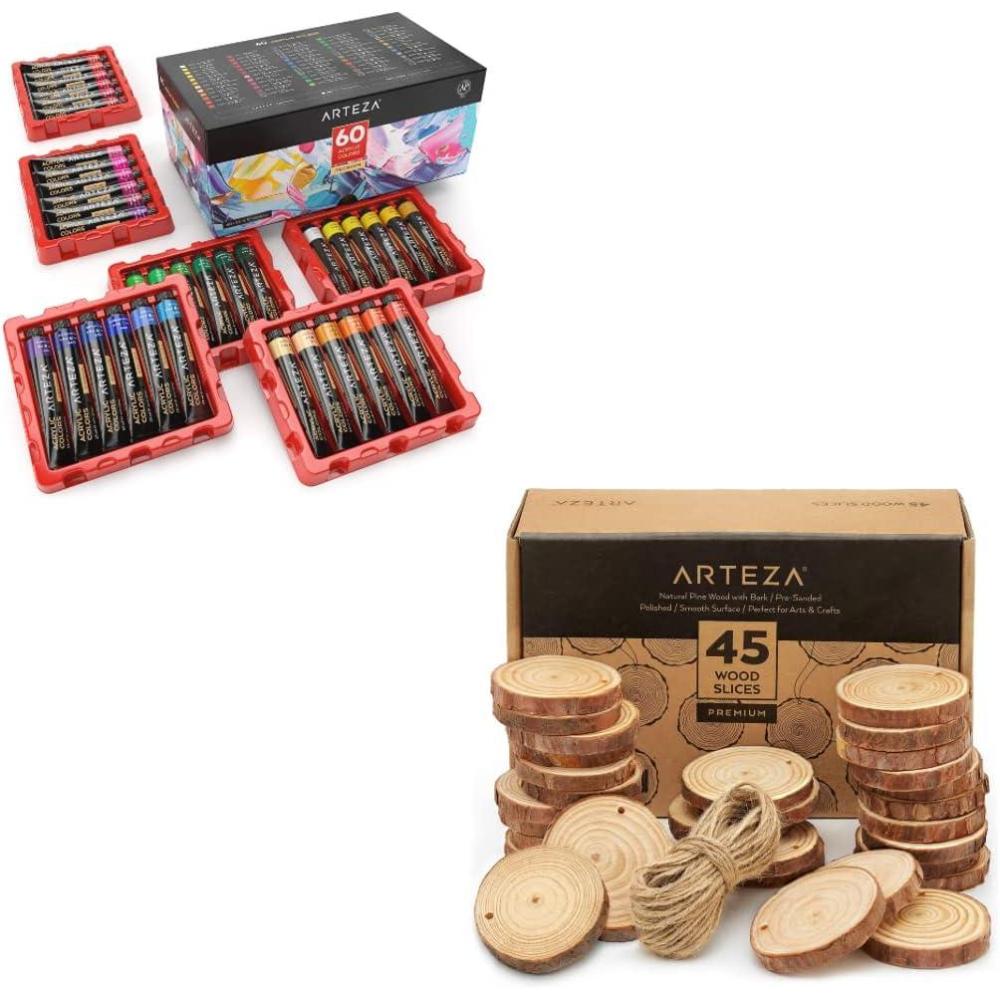 ARTEZA Acrylic Paint, Set of 60 Colors/Tubes (0.74 oz, 22 ml) Wood Slices (45 Pieces), Art Supplies for Artists and Hobby Painters