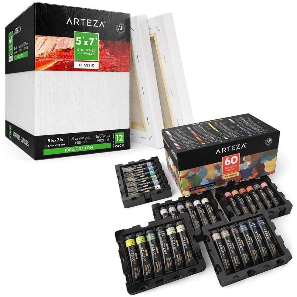 Arteza 5″x7″ Stretched White Blank Canvas, 12 Pack, 100% Cotton, for Painting, Acrylic Pouring, Oil Paint & Wet Art Media.Ideal for Professional Artist, Hobby Painters & Beginners.