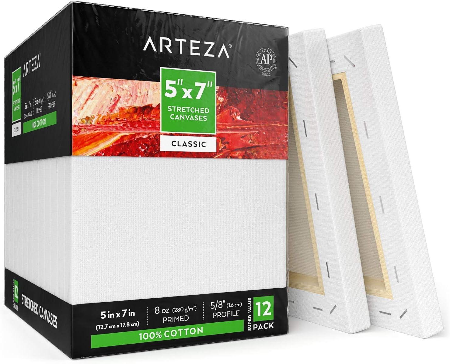 Arteza 5″x7″ Stretched White Blank Canvas, 12 Pack, 100% Cotton, for Painting, Acrylic Pouring, Oil Paint & Wet Art Media.Ideal for Professional Artist, Hobby Painters & Beginners.