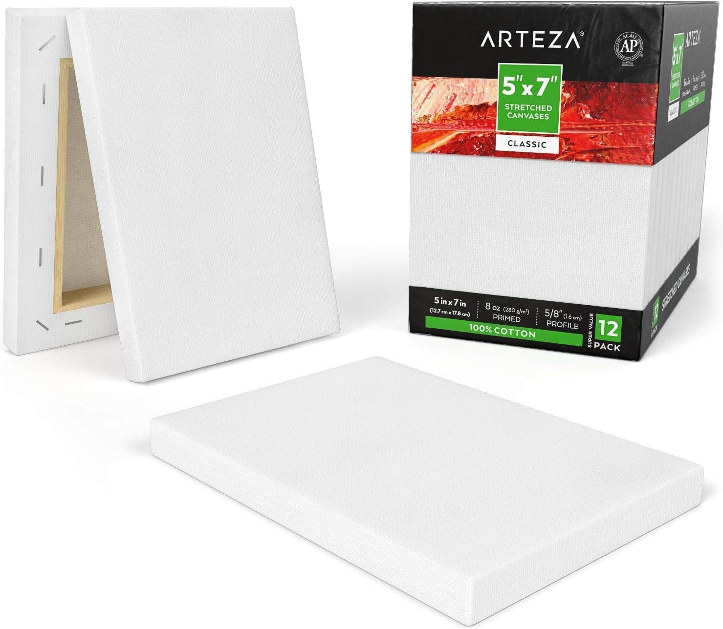 Arteza 5″x7″ Stretched White Blank Canvas, 12 Pack, 100% Cotton, for Painting, Acrylic Pouring, Oil Paint & Wet Art Media.Ideal for Professional Artist, Hobby Painters & Beginners.