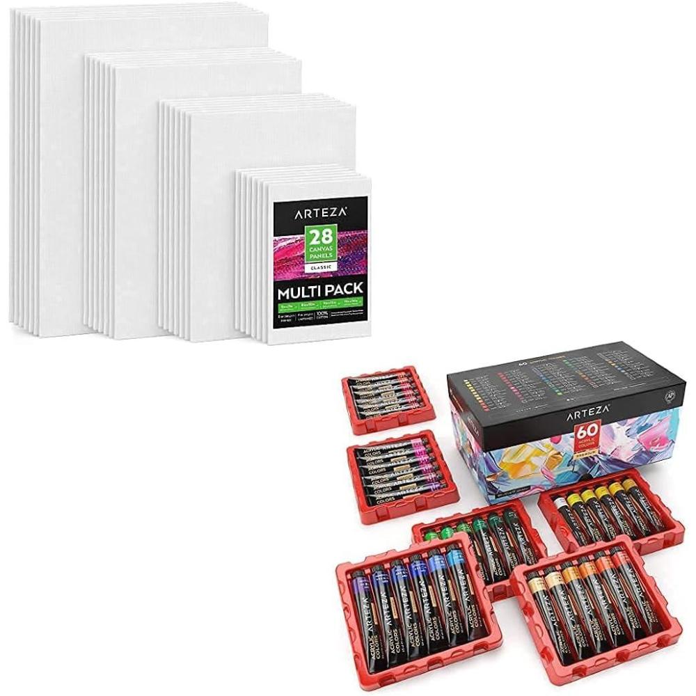 Arteza Acrylic Painter Starter Bundle: Acrylic Paint Set of 60 Colors and Canvas Panels Multi Pack, Pack of 28, Painting Art Supplies for Artist, Hobby Painters & Beginners