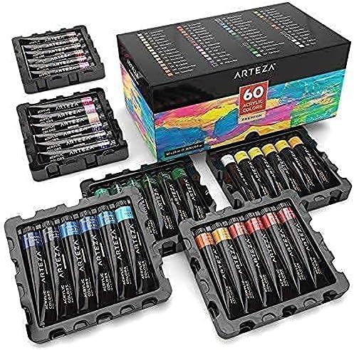 Arteza Acrylic Painter Starter Bundle: Acrylic Paint Set of 60 Colors and Canvas Panels Multi Pack, Pack of 28, Painting Art Supplies for Artist, Hobby Painters & Beginners