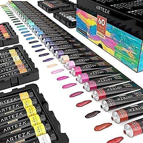 Arteza Acrylic Painter Starter Bundle: Acrylic Paint Set of 60 Colors and Canvas Panels Multi Pack, Pack of 28, Painting Art Supplies for Artist, Hobby Painters & Beginners