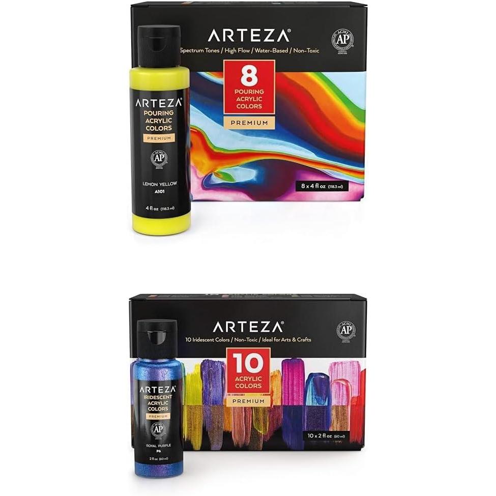 ARTEZA Acrylic Pouring Paint Set, 8 Rainbow Colors and Iridescent Acrylic Paint Set of 10 Chameleon Colors