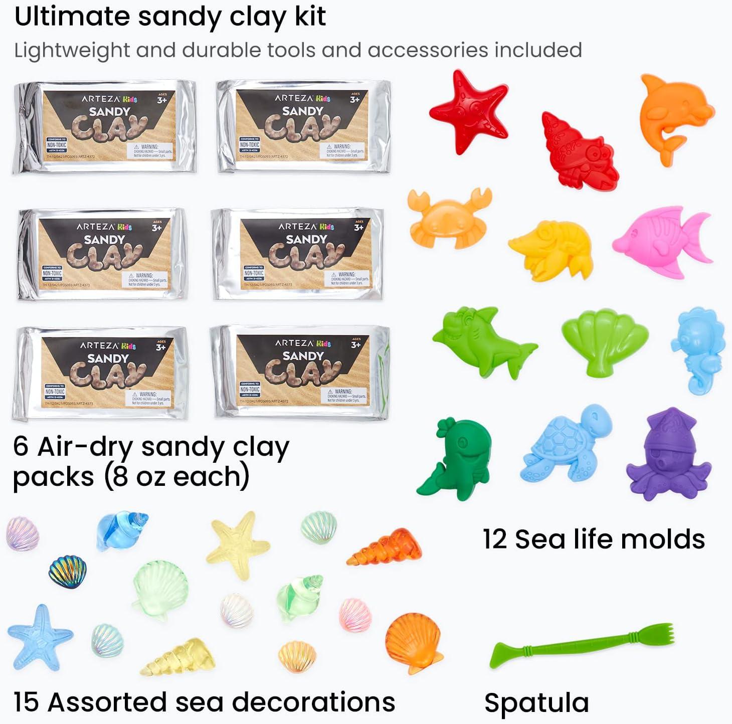 Arteza Kids Air-Dry Modeling Clay Kit, 6 x 8-oz Packs, 12 Sandy Clay Molds and 15 Assorted Sea-Life Beach Decorations, Soft, Pliable, Supplies for Kids’ Crafts and Sensory Play(Pack of 6)
