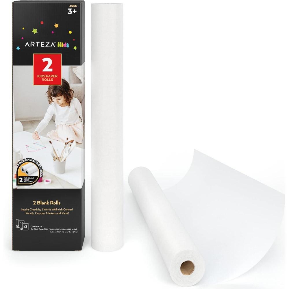 Arteza Kids Drawing Paper Roll Refill, 2-Pack, 16.5 Inches x 74.8 Feet, White 47-lb Roll Dispenser Paper, Art Supplies for the Classroom, Learning Centers, and Activity Corners(Paper Roll Refill)