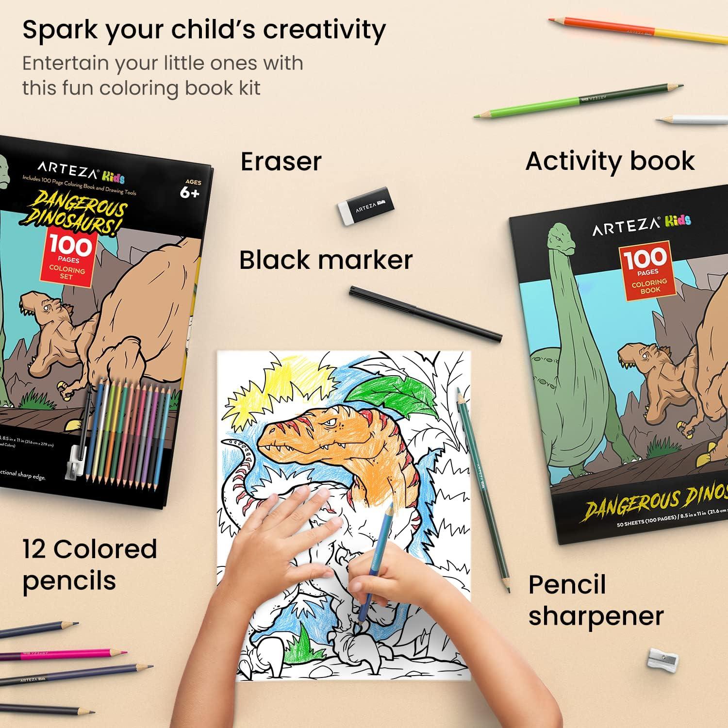 ARTEZA Kids Coloring Book and Colored Pencils Kit, 8.5×11 Inches, Sea Creature Illustrations, 50 Double-Sided Coloring Sheets, 100-lb Paper(Dinosaurs)