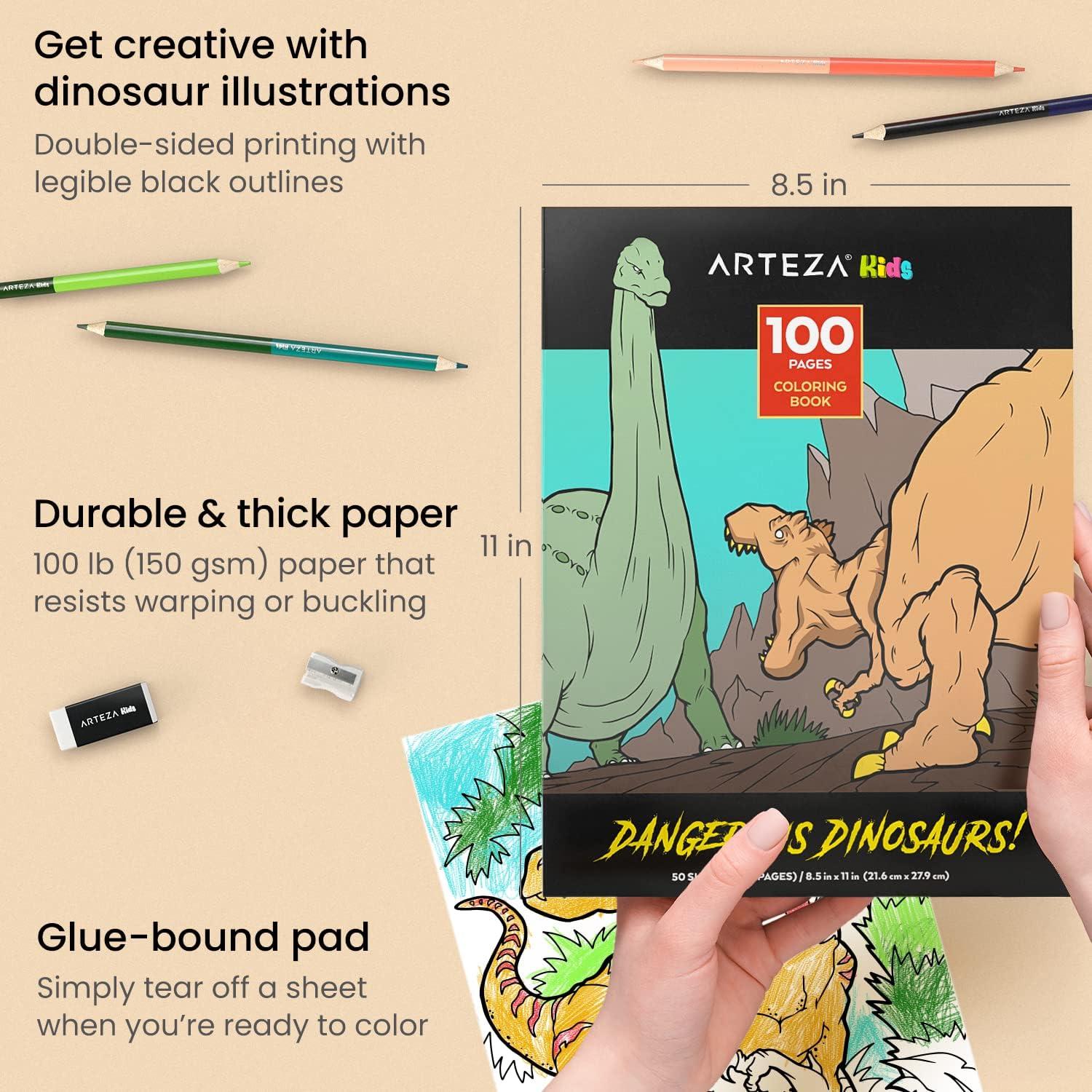 ARTEZA Kids Coloring Book and Colored Pencils Kit, 8.5×11 Inches, Sea Creature Illustrations, 50 Double-Sided Coloring Sheets, 100-lb Paper(Dinosaurs)