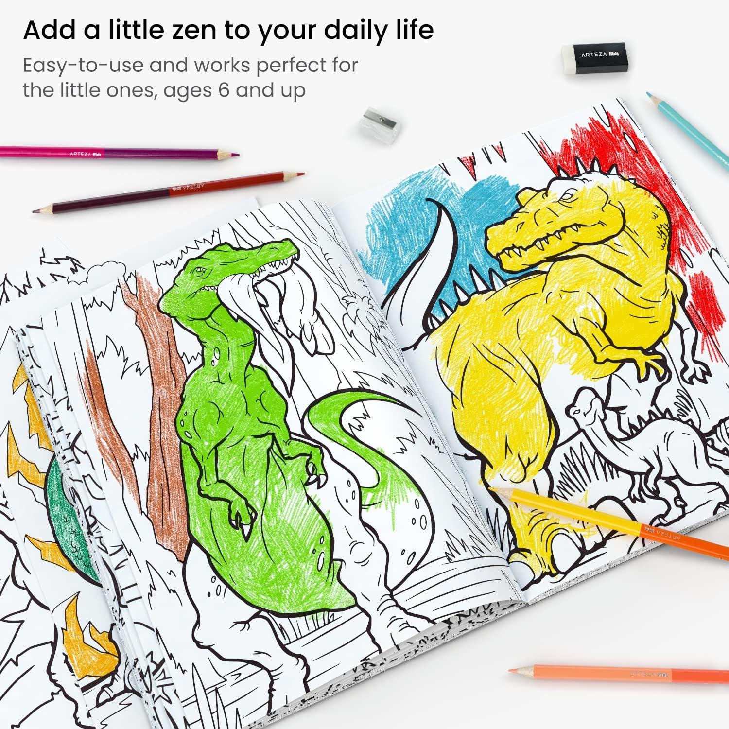 ARTEZA Kids Coloring Book and Colored Pencils Kit, 8.5×11 Inches, Sea Creature Illustrations, 50 Double-Sided Coloring Sheets, 100-lb Paper(Dinosaurs)